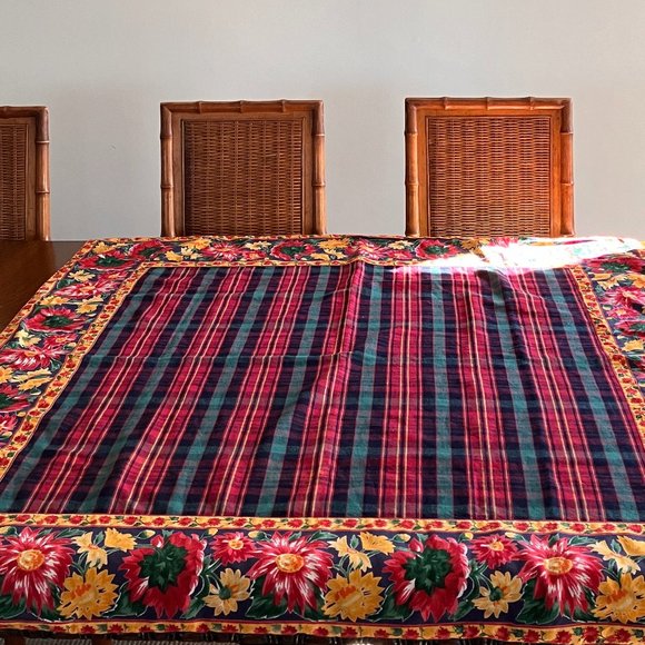 Vintage April Cornell Double Sided Holiday Tablecloth featuring Plaid and Flower - Picture 5 of 9